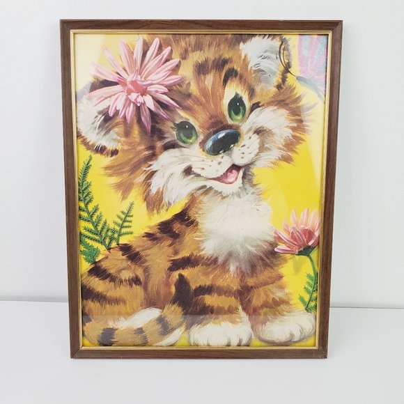 Vintage 1970's Nursery Art Lot Framed Big Animal Elephant & Tiger Kitty - Picture 6 of 13